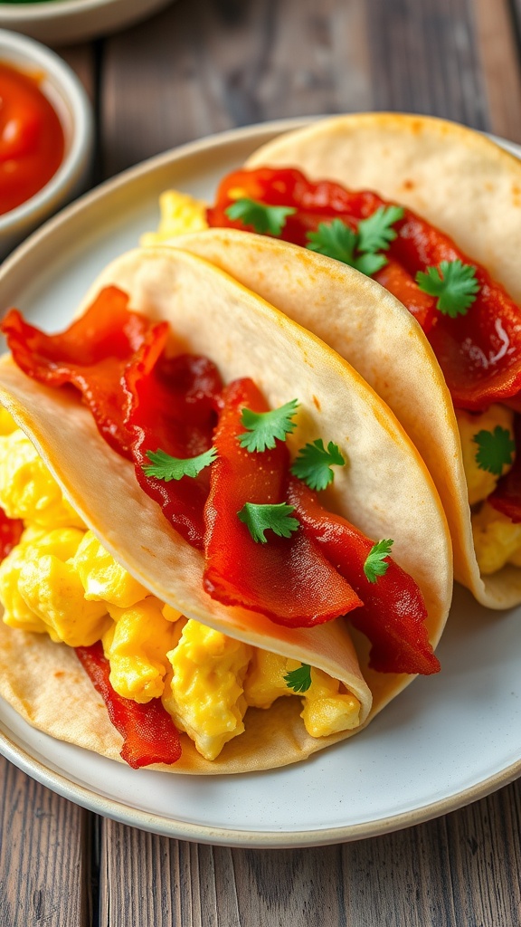 Breakfast tacos with bacon and scrambled eggs, garnished with cilantro on a rustic table with salsa.